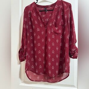 Maurices Maroon Blouse with Geometric Print